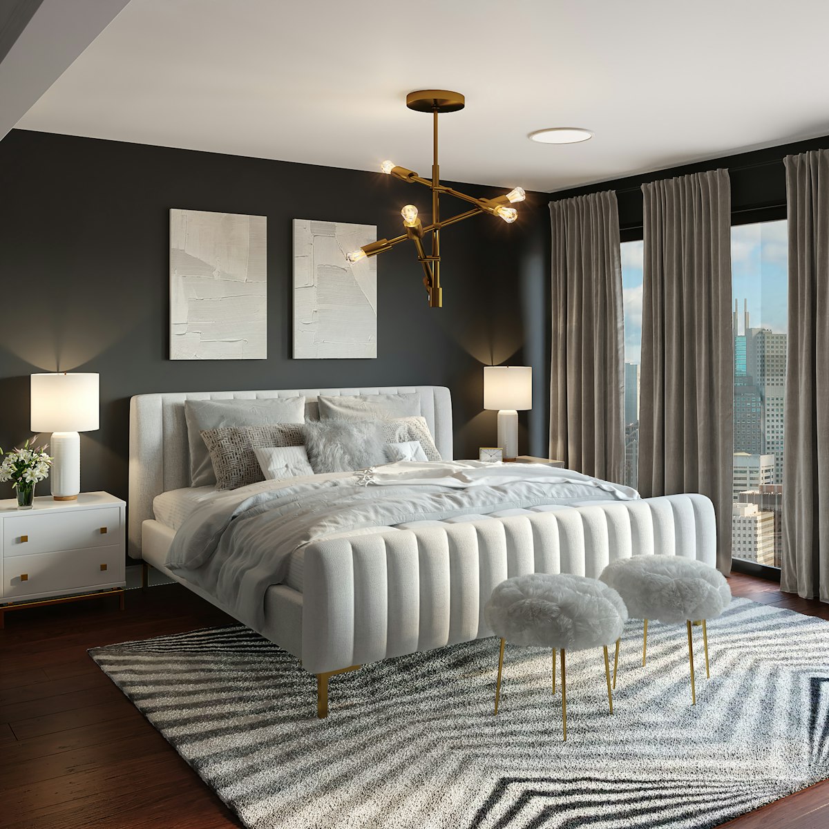 Made bed in a bright bedroom